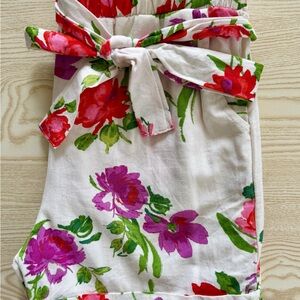 Floral Tie-Waist Shorts - White Background with Pink & Red Blooms